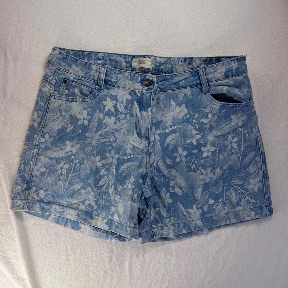 Per Se Womens Floral Denim Shorts Size 12 Light Blue Tropical Print Jean Shorts